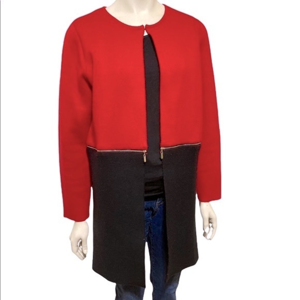 CARTISE Red Black Long Open Cardigan Zipper Accent Sweater M
